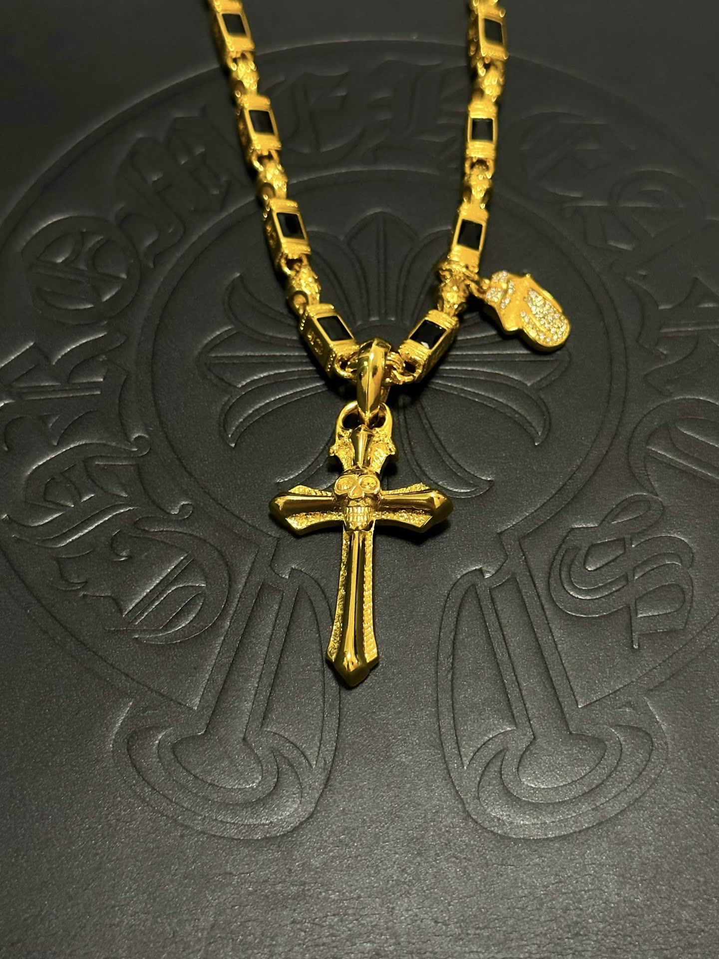 Chrome Hearts Gold Cross Pendant Necklace with Black Stones